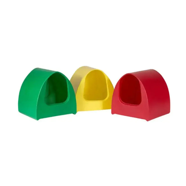 Three colorful plastic animal shelters in green, yellow, and red from stubbs poultry palace for animal husbandry use