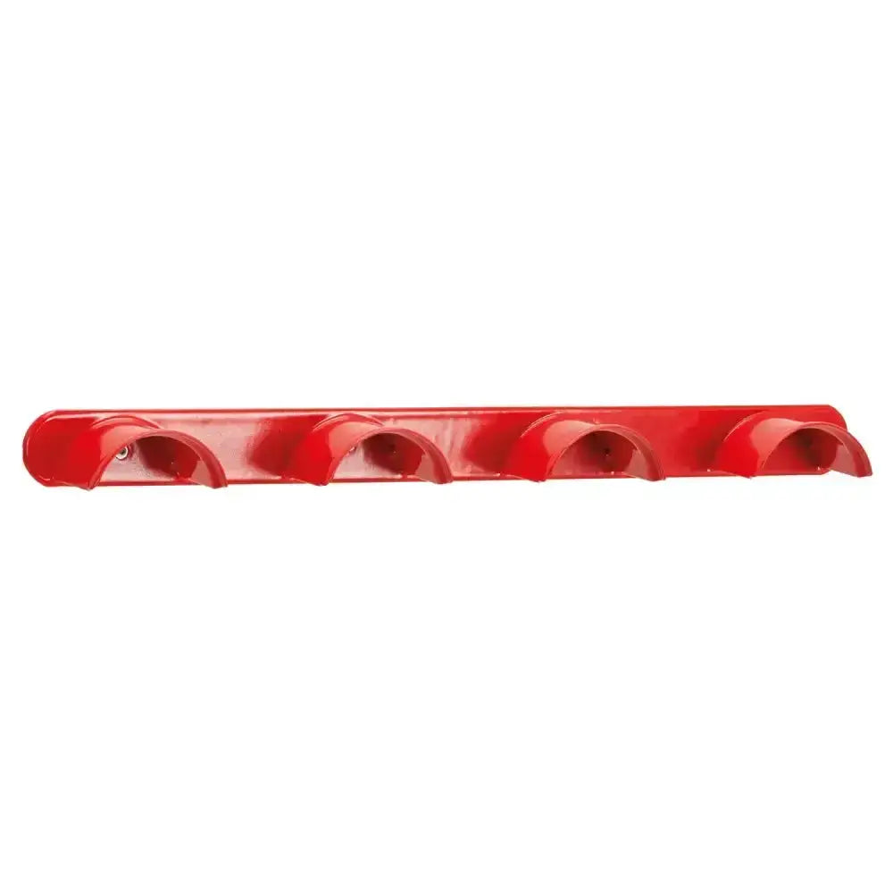 Red plastic stubbs quad bridle rack s204 with four curved hooks for hanging bridles and tack organization