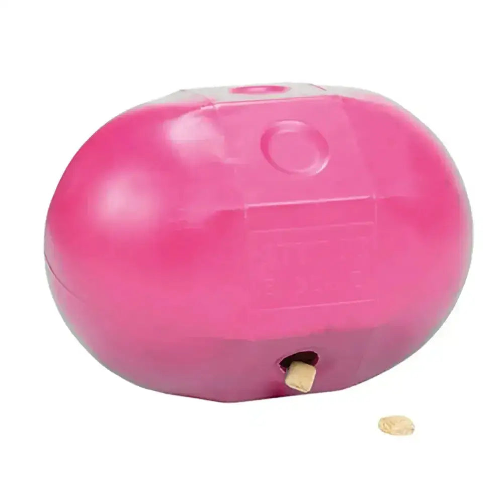 Pink plastic stubbs rock n roll ball dribble treat feeder releasing treats through a small bottom hole