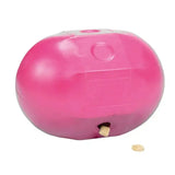 Pink plastic stubbs rock n roll ball dribble treat feeder releasing treats through a small bottom hole