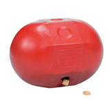 Red plastic stubbs rock n roll ball dog toy with small hole and embossed logo great as a dribble treat feeder