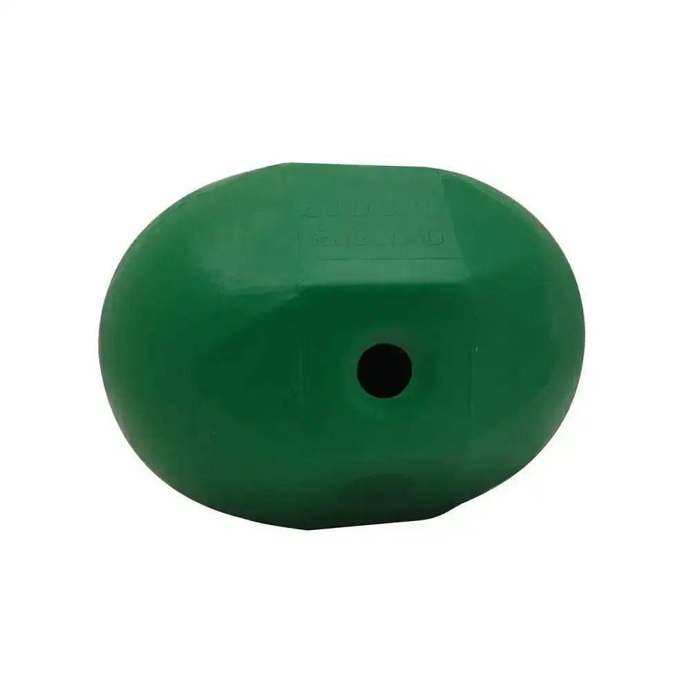 A solid green oval rubber dog toy with a central hole called stubbs rock n roll ball perfect for dribble treat feeder and horse toys