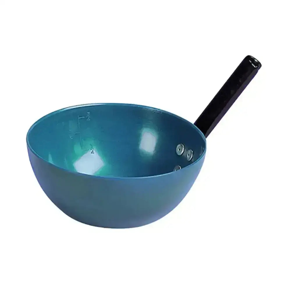 Stubbs round feeding scoop made of blue enamel coated steel with black handle and tough stubbythene moulding