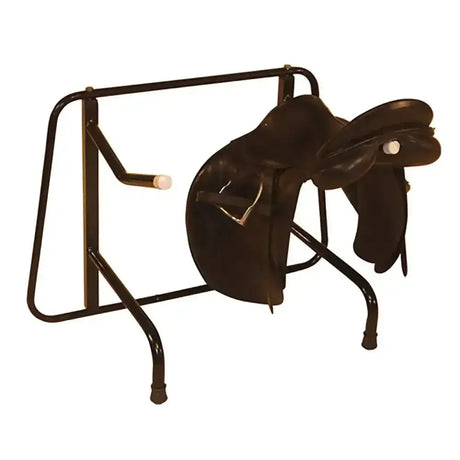 Black leather stubbs saddle booty resting on black metal car saddle racks stand for easy storage and transport