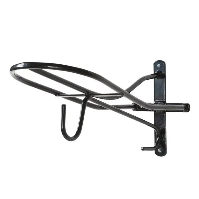 Black metal wall-mounted horse halter rack with curved hook and sturdy bracket stubbs saddle hook s174