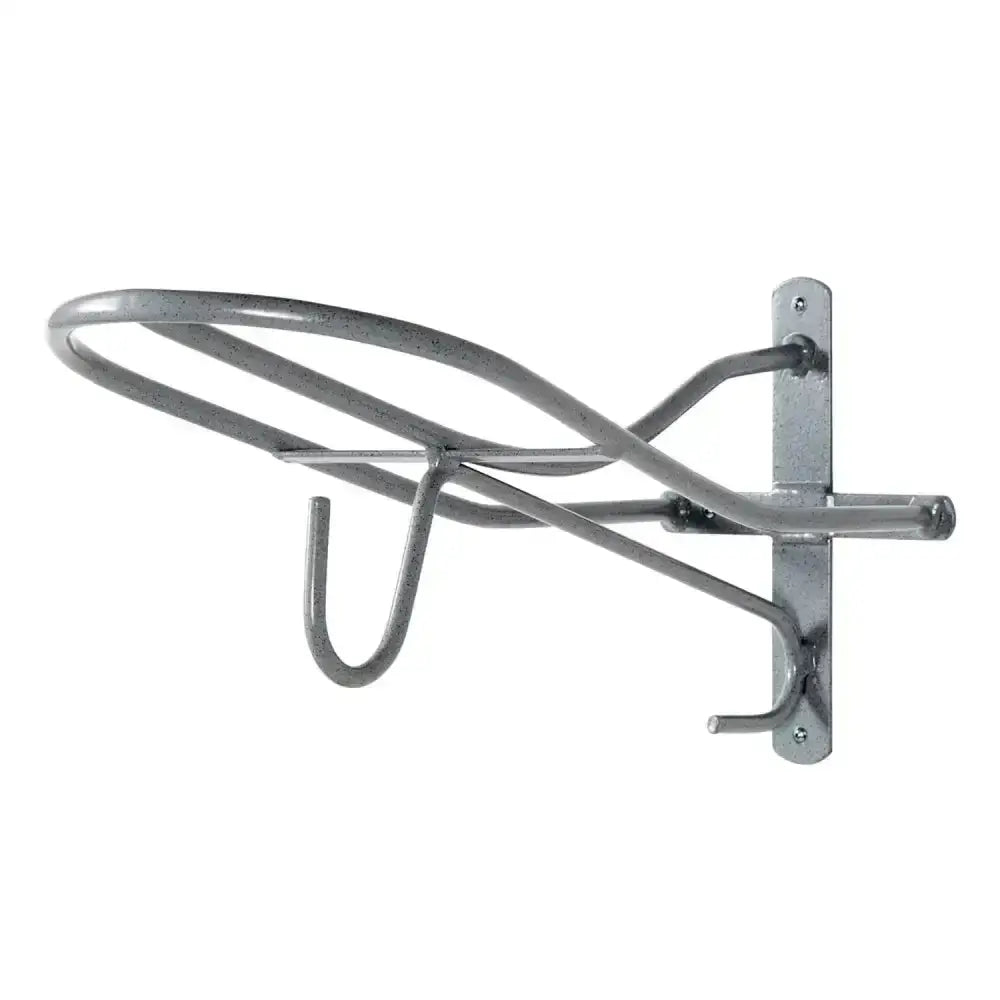 Silver metal wall-mounted stubbs saddle hook s174 with curved hooks and sturdy mounting plate for horse halters