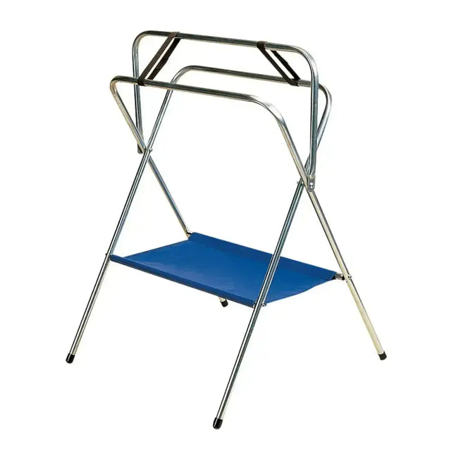 Blue fabric shelf on silver metal frame with black rubber feet shows clever collapsible design of stubbs saddle horse folding s54
