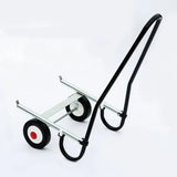 Black and silver metal stubbs saddle mate mobile saddle buggy with red and white wheels for easy transport