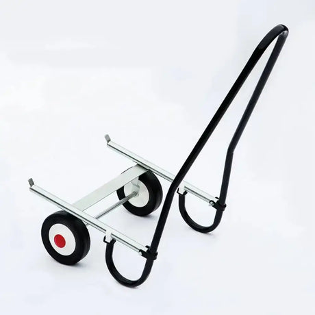 Black and silver metal stubbs saddle mate mobile saddle buggy with red and white wheels for easy transport