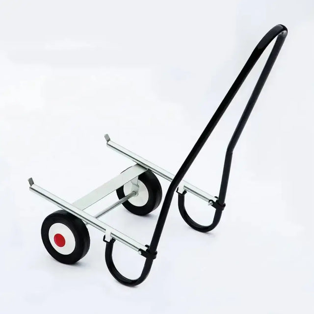Black and silver metal stubbs saddle mate mobile saddle buggy with red and white wheels for easy transport