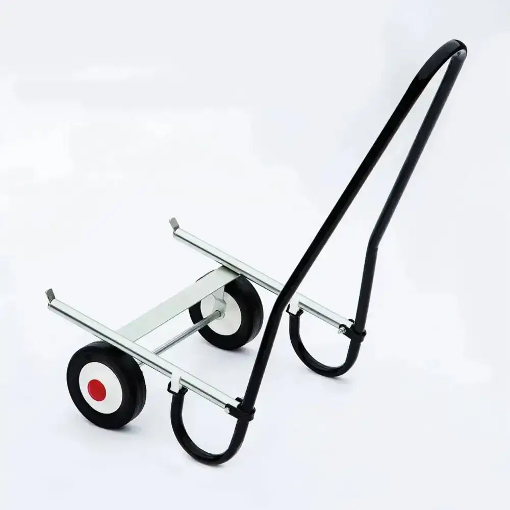 Black and silver metal stubbs saddle mate mobile saddle buggy with two black rubber wheels featuring red and white centers