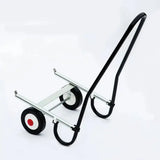 Black and silver metal stubbs saddle mate mobile saddle buggy with two black rubber wheels featuring red and white centers