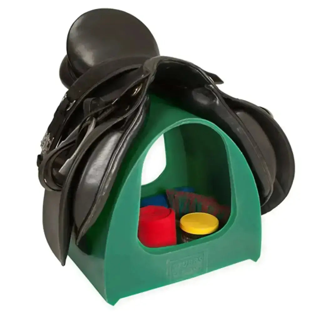 Green plastic stubbs saddle mate stand holding black leather saddle for mate tack storage and organization