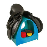 Black leather saddle resting on bright blue stubbs saddle mate plastic storage stand for mate tack storage