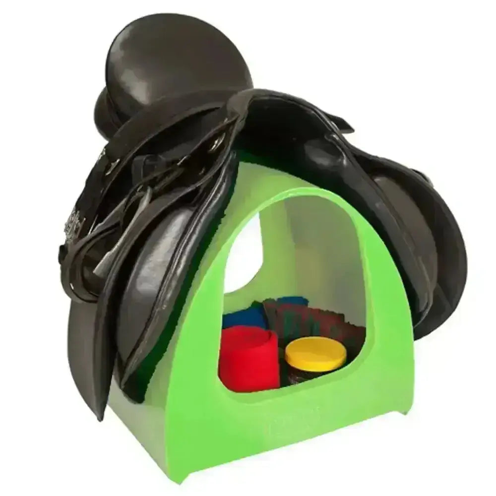 Black leather horse saddle resting on bright green stubbs saddle mate tack storage stand