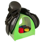Black leather horse saddle resting on bright green stubbs saddle mate tack storage stand