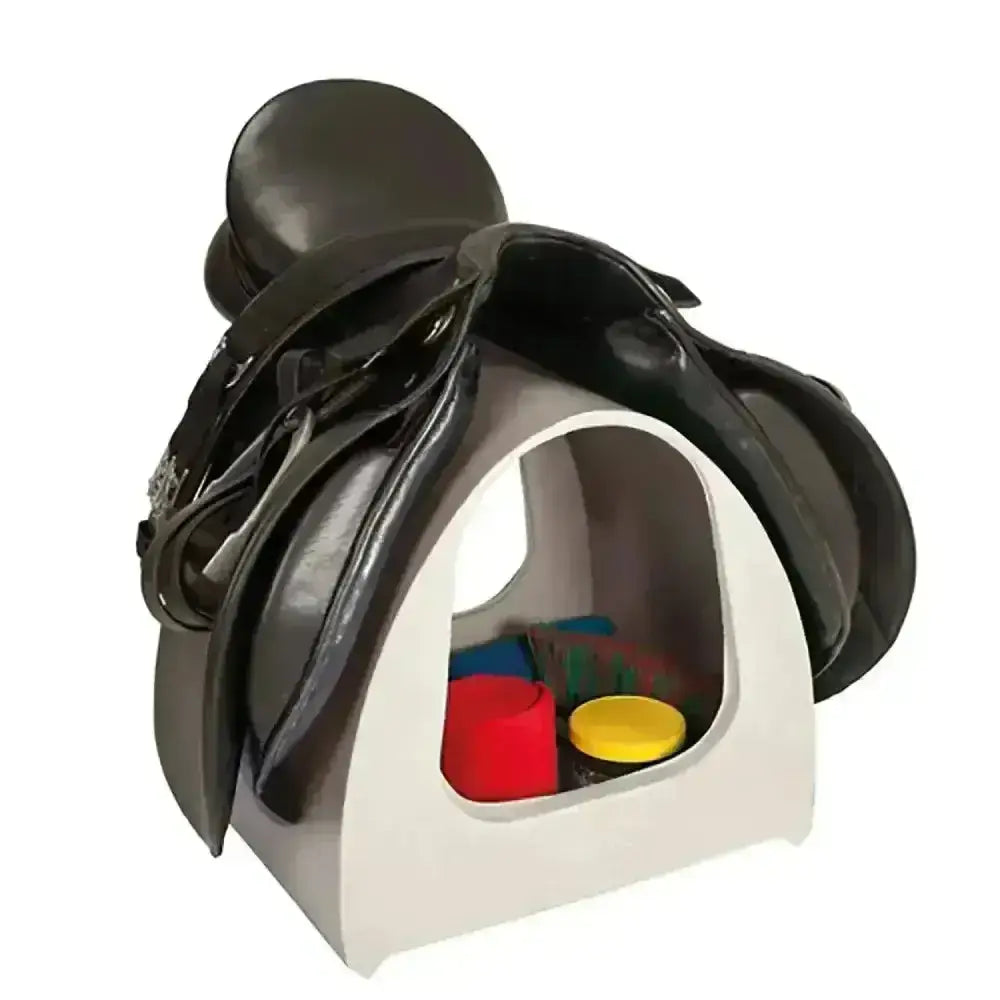 Stubbs saddle mate black leather saddle shaped storage with white base holding colorful toy blocks for mate tack storage