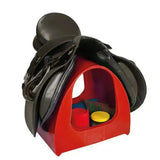 Red plastic stubbs saddle mate stand holding a black leather horse saddle for saddle mate tack storage