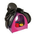 Pink plastic stubbs saddle mate stand holding black leather saddle for saddle mate tack storage and organization