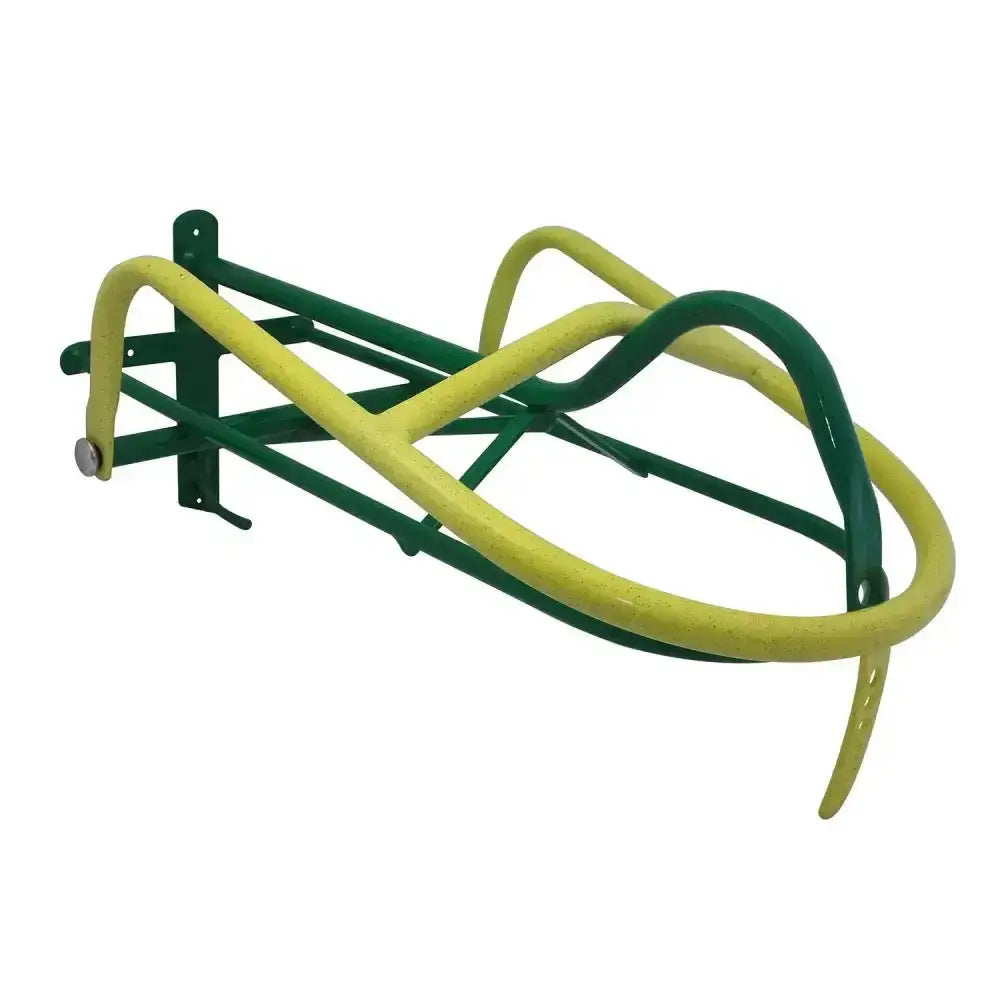 Green and yellow metal stubbs saddle minder s162 horse rack with curved bars significantly reduces theft