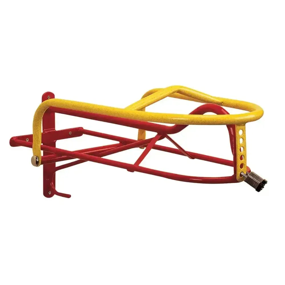 Red and yellow metal stubbs saddle minder s162 bike rack with sturdy frame design that significantly reduces theft