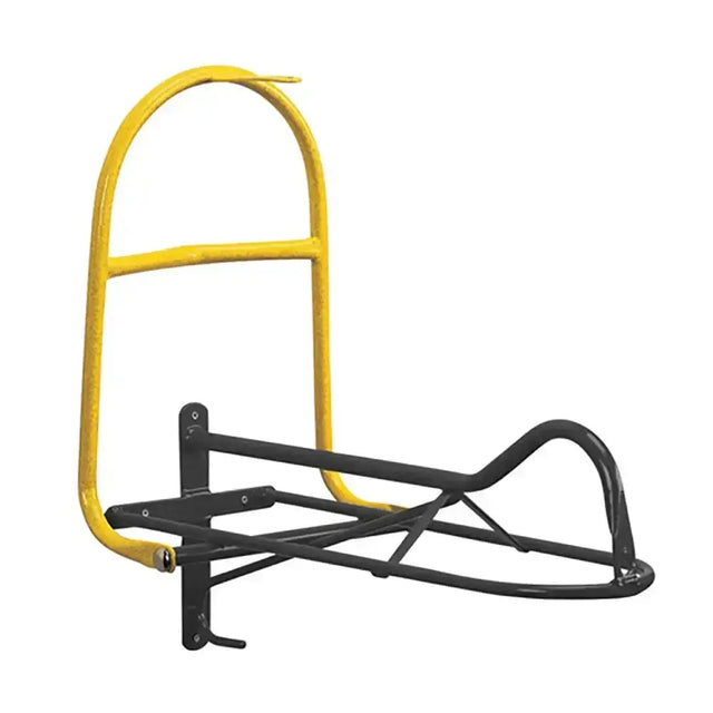 Yellow and black metal bike rack with curved handlebars from stubbs saddle minder s162 that significantly reduces theft