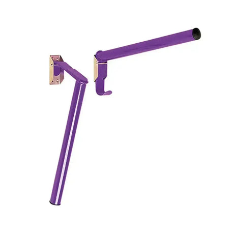 Purple metal wall-mounted stubbs saddle rack with a curved arm hook for saddle rack folding and saddle racks use