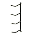 Black metal stubbs saddle rack quadruple arm clip-on with four white capped horizontal arms wall mounted bike rack