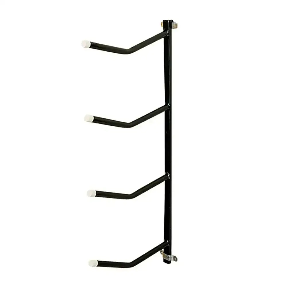 Black metal stubbs saddle rack quadruple arm clip-on with four white capped horizontal arms wall mounted bike rack