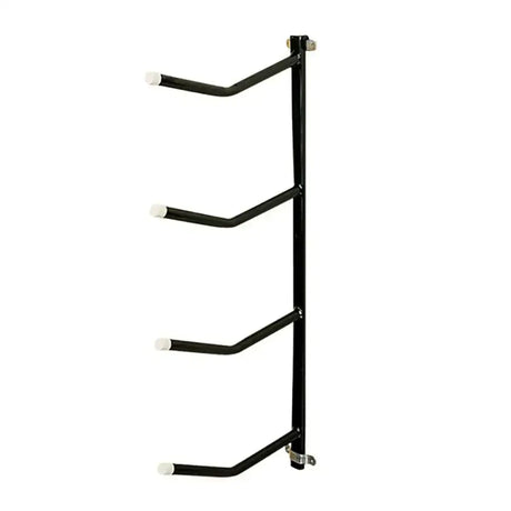 Black metal stubbs saddle rack quadruple arm clip-on with four white capped horizontal arms wall mounted bike rack