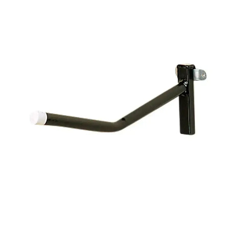 Black metal stubbs saddle rack single arm clip-on with white plastic cap mounted on the wall for bike storage