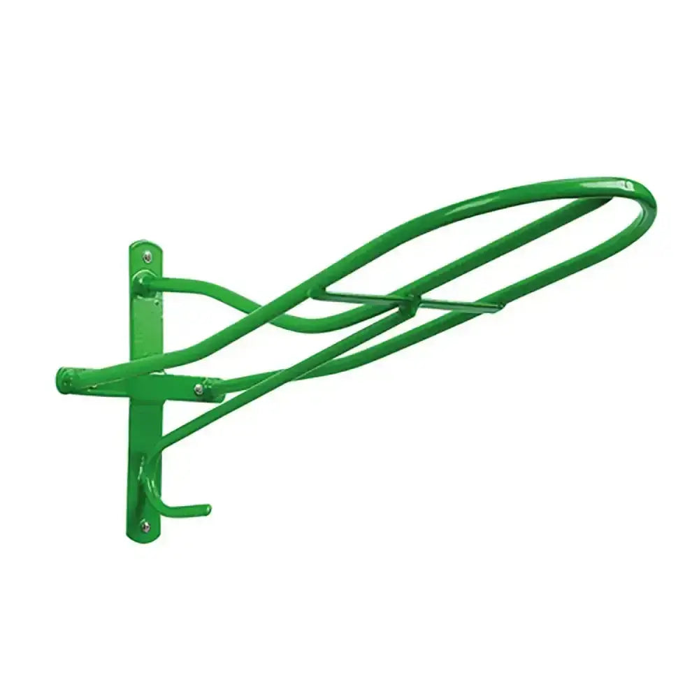 Green metal wall-mounted horse halter rack with curved bars and hooks made of tubular steel stubbs saddle rack standard s17