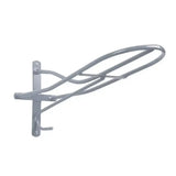 Gray metal wall-mounted stubbs saddle rack standard s17 with curved tubular steel bars and hooks for horse halters