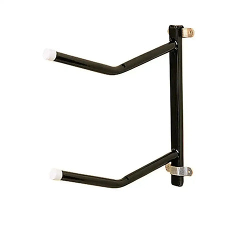 Black metal stubbs saddle rack twin arm clip-on with white plastic caps for wall-mounted bike storage