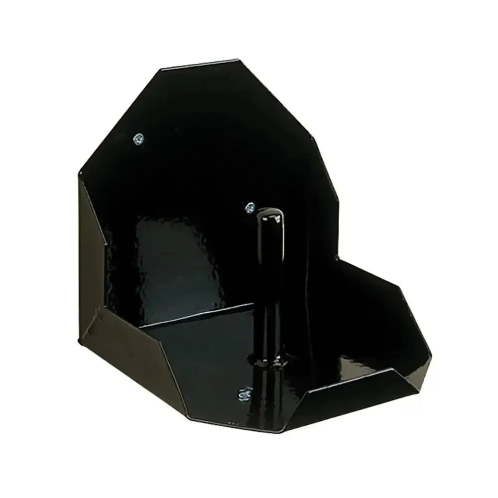 Black glossy metal stubbs salt lick holder round with central post and angled sides for mounting on wall