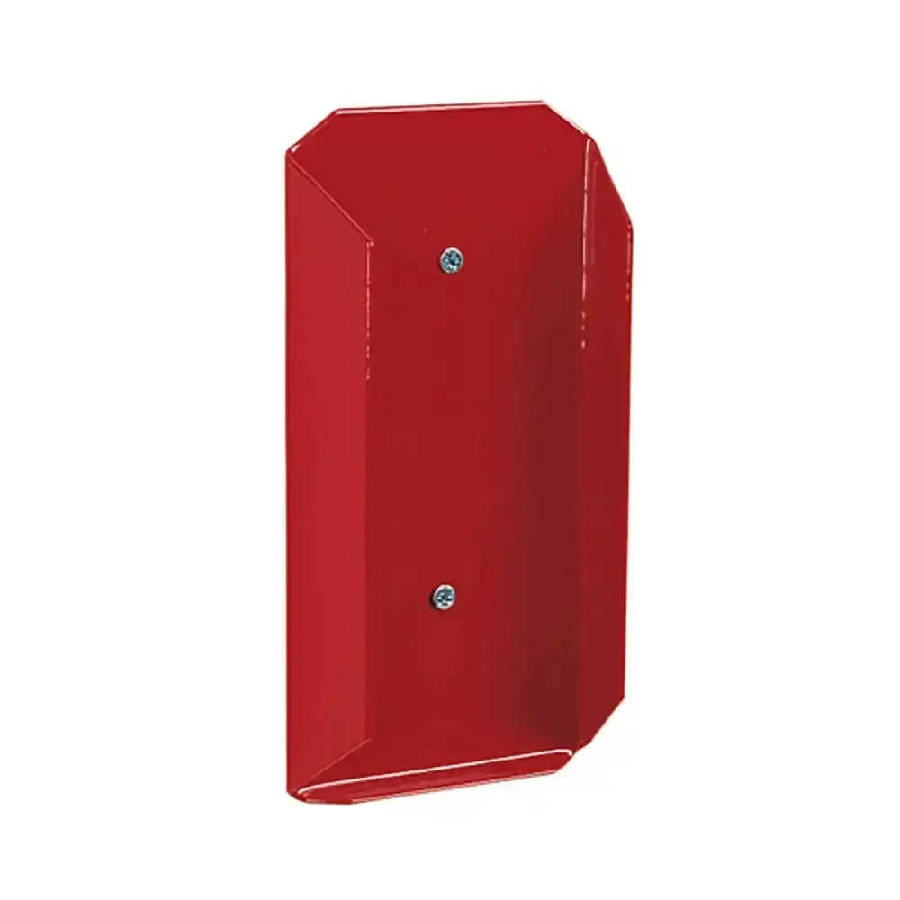 Red rectangular metallic fire alarm pull station with screws shown with stubbs salt lick brick type lick holder s25