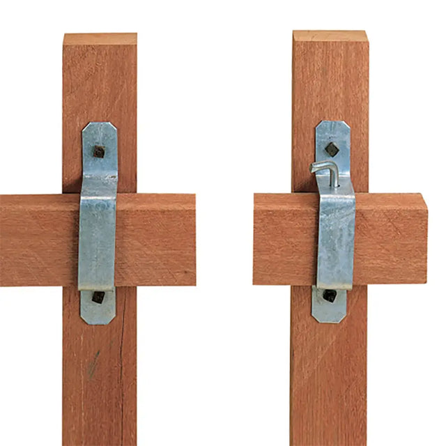 Silver metal stubbs slip rail bracket with hook mounted on reddish-brown wooden cross beams in rail bracket set s122