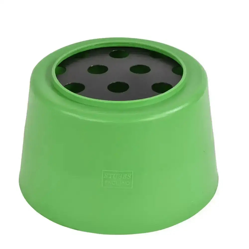 Bright green stubbs slo-grazer plastic flower stand with black interior and circular holes great boredom breaker circular ground feeder