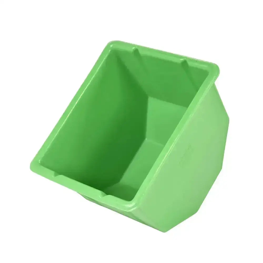 Green plastic stubbs soak n roll animal feeder with angled sides reinforced corners and drainage point