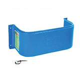 Blue plastic stubbs stable tidy wall-mounted pet food dispenser with green label and black zip tie for tack room use