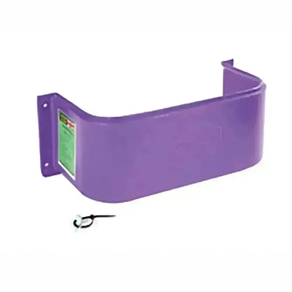 Purple plastic wall-mounted stubbs stable tidy bowl holder with green label and metal bracket for tack room use
