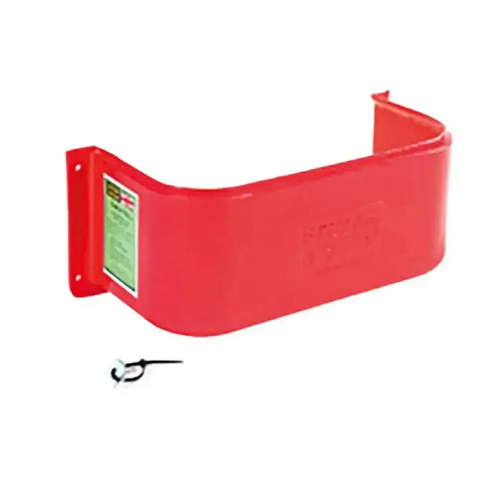Red plastic u-shaped wall mount with green label for stubbs stable tidy horse tack boxes in tack room organization
