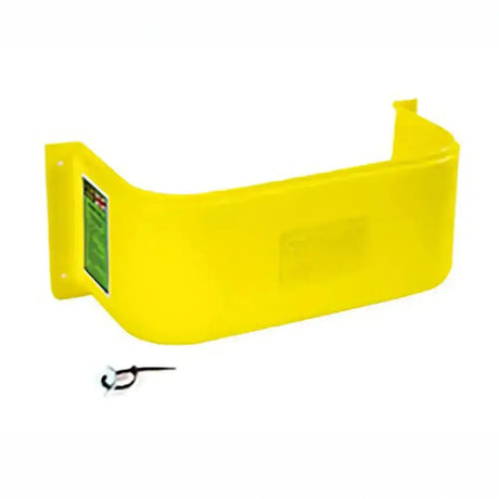 Bright yellow plastic safety guard with green label and black metal hook accessory for stubbs stable tidy tack room use