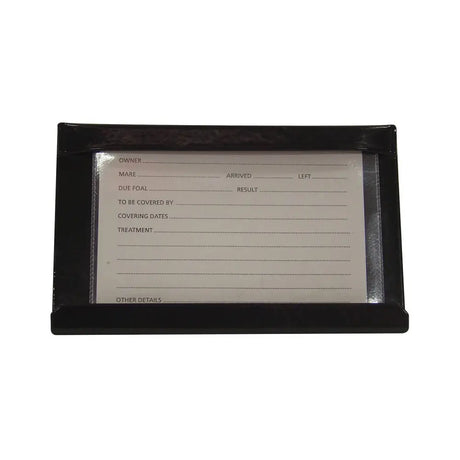 Black stubbs stud card holder with clear protective cover to display horse details and treatment records easily