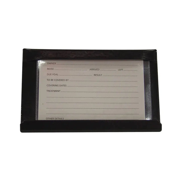 Black stubbs stud card holder with clear protective cover to display horse details and treatment records easily