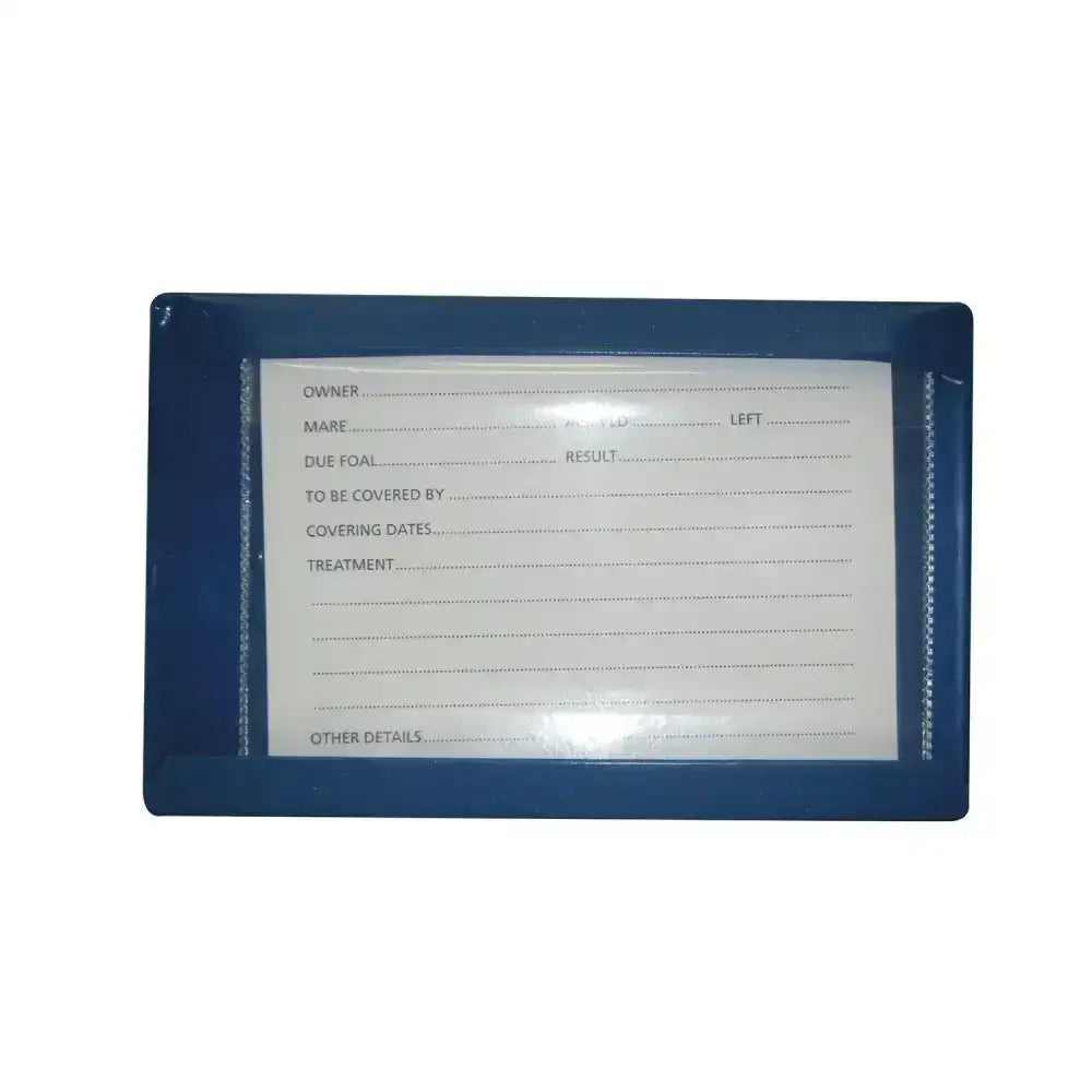 Blue plastic stubbs stud card holder large s26 with clear window to display horse details like owner and treatment info