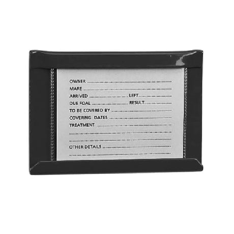 Black plastic stubbs stud card holder small s27 with silver metallic insert and dotted lines to display horse details