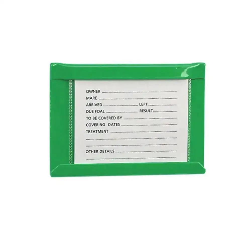 Green plastic stubbs stud card holder small s27 with white label and dotted lines to display horse details