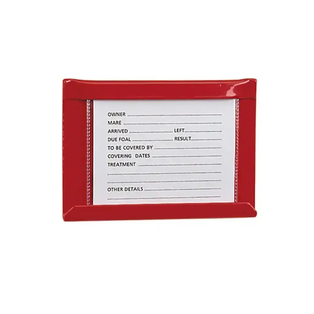 Red plastic stubbs stud card holder small s27 displaying white form to display horse details and ownership info