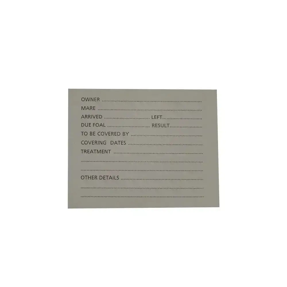 Gray stubbs stud card small s27a with dotted lines and fields for horse breeding in stud card holder